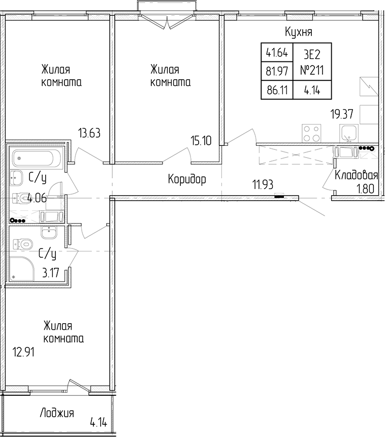 3-комнатная квартира 81.97 м², 4/4 эт., ЖК «Любоград в Стрельне»
